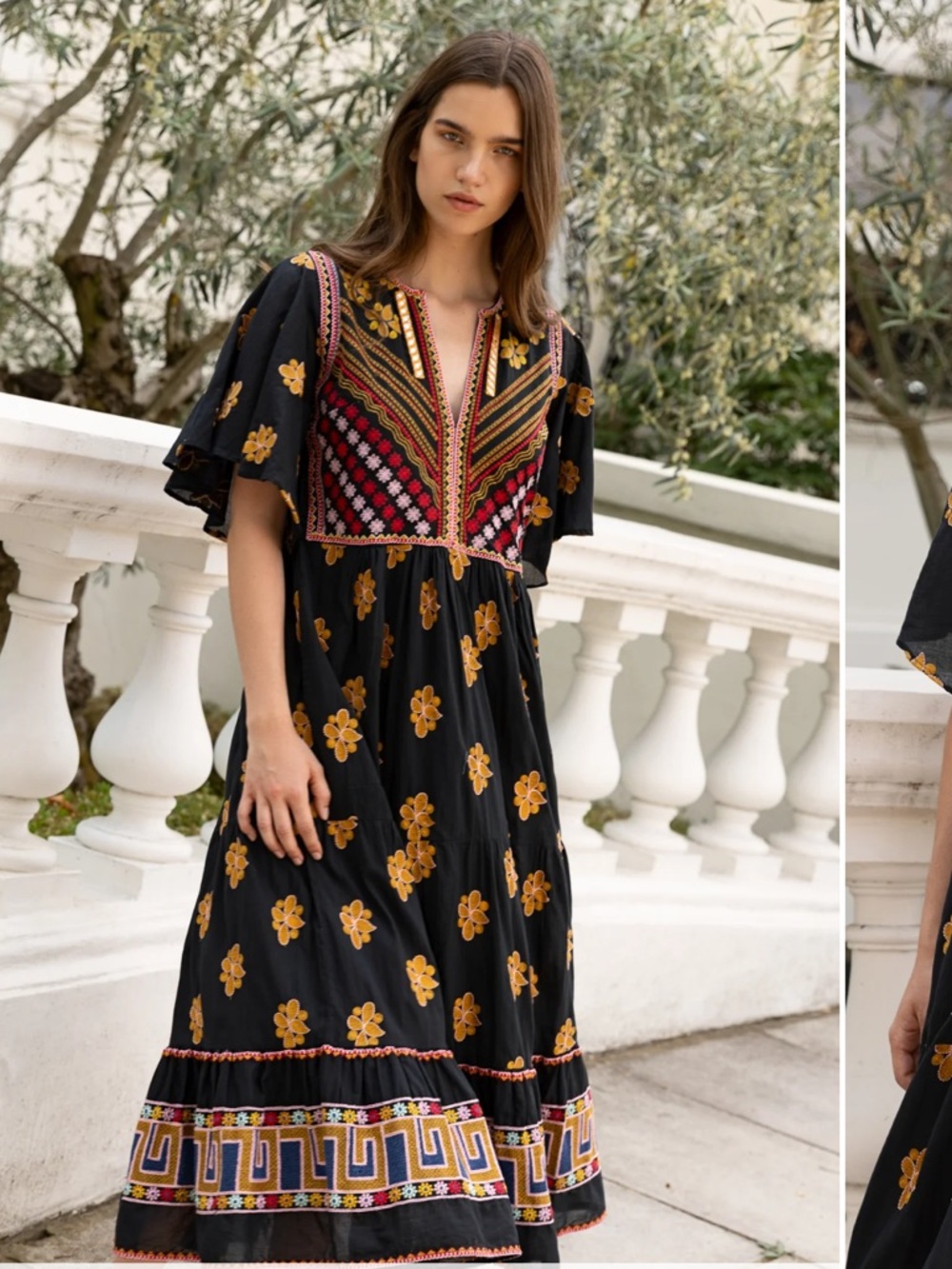 Oliphant Black Maxi Dress with Mustard Floral & Multicolor Embroidery - Picture 2 of 15